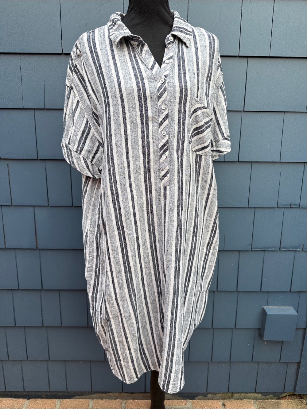 Adrienne Vittadini Black and White Striped Midi Shirt Dress XXL
